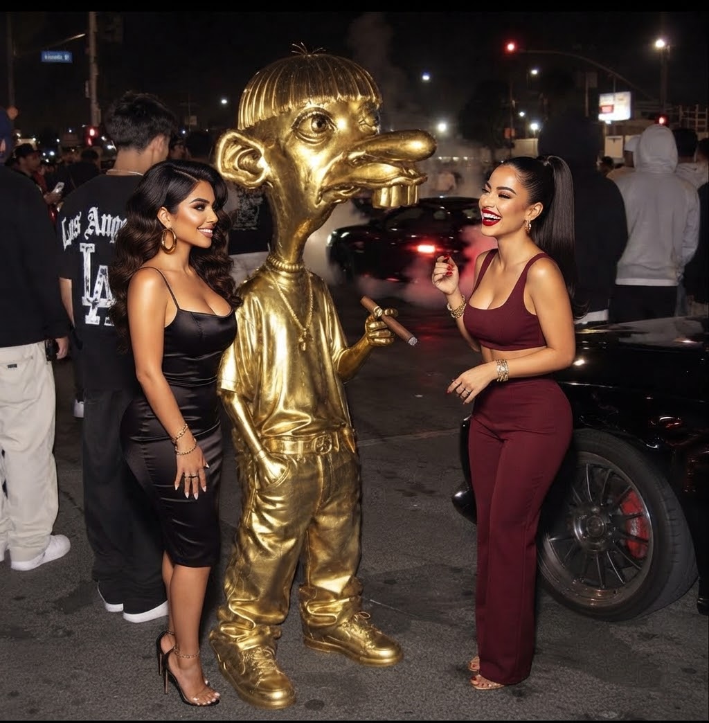 $HOODNEEGY gold mascot out in the streets with a wood